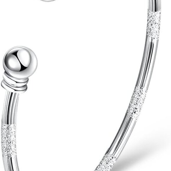 Sterling Silver Bangle Bracelet Women's Jewelry Adjustable Bead Cuff - Picture 1 of 7
